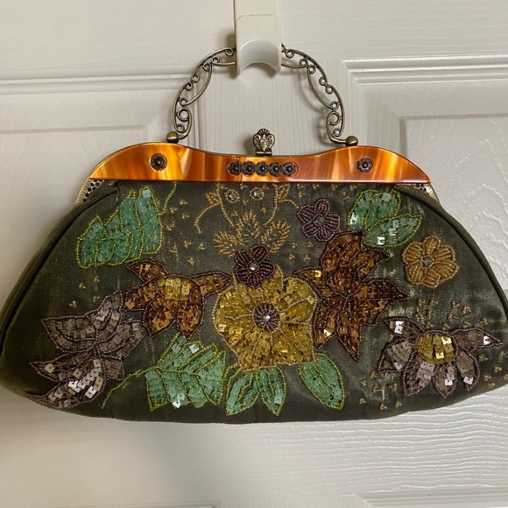 Lime Green Satin‎ Beaded Purse Beautiful, Handle or Crossbody Straps